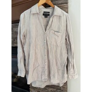 Tahari 100% Hemp Shirt Small Beige Linen Look Roll Tab Button Down Lagenlook Top